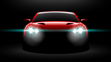 Realistic Red Sport Car View With Unlocked Headlights In The Dark