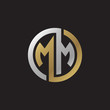 Initial letter MM, looping line, circle shape logo, silver gold color on black background