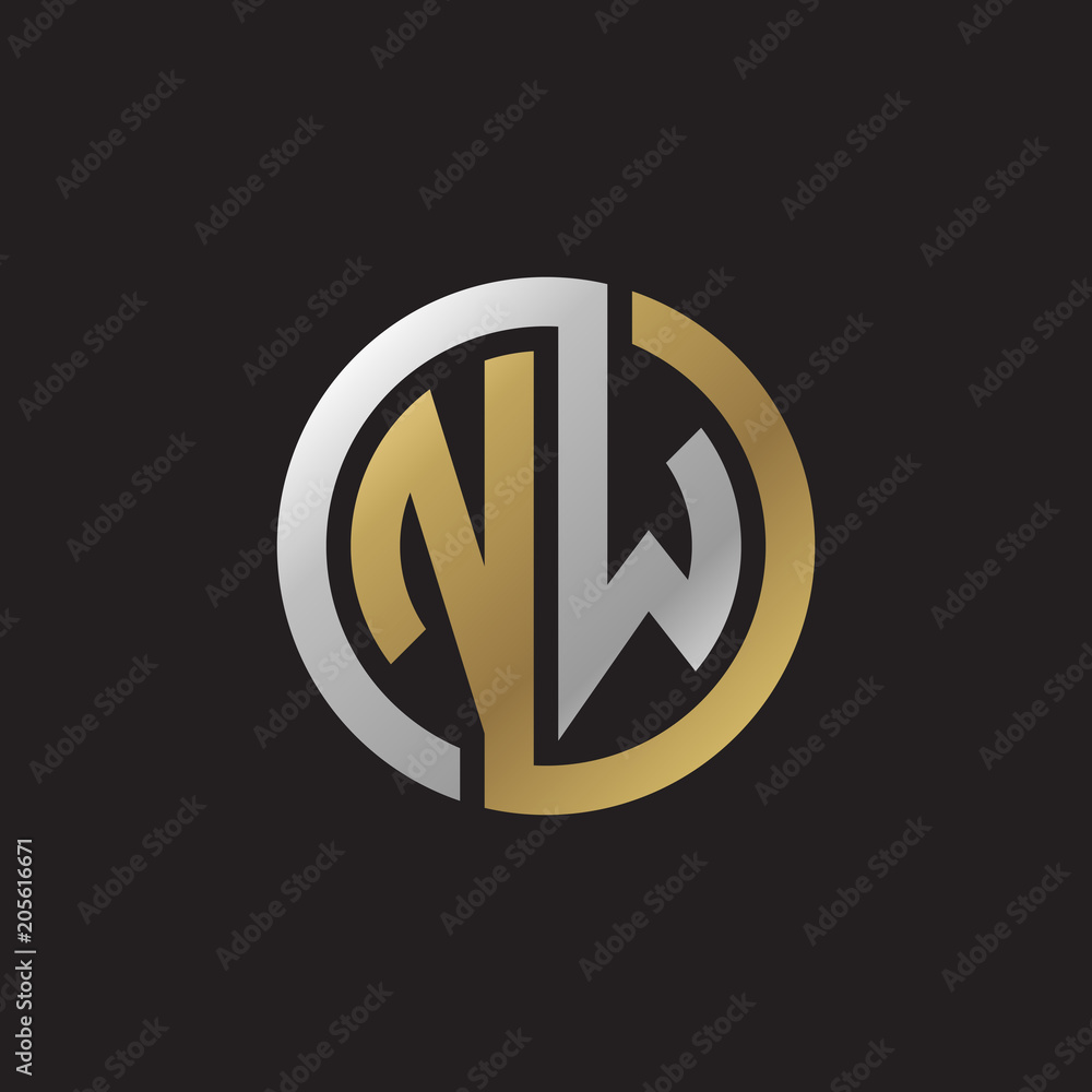 Initial letter NW, looping line, circle shape logo, silver gold color ...