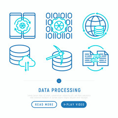 Wall Mural - data processing with thin line icons: deep learning, mobile syncing, modeling api, usage, tracking, 
