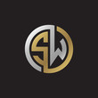 Initial letter SW, looping line, circle shape logo, silver gold color on black background