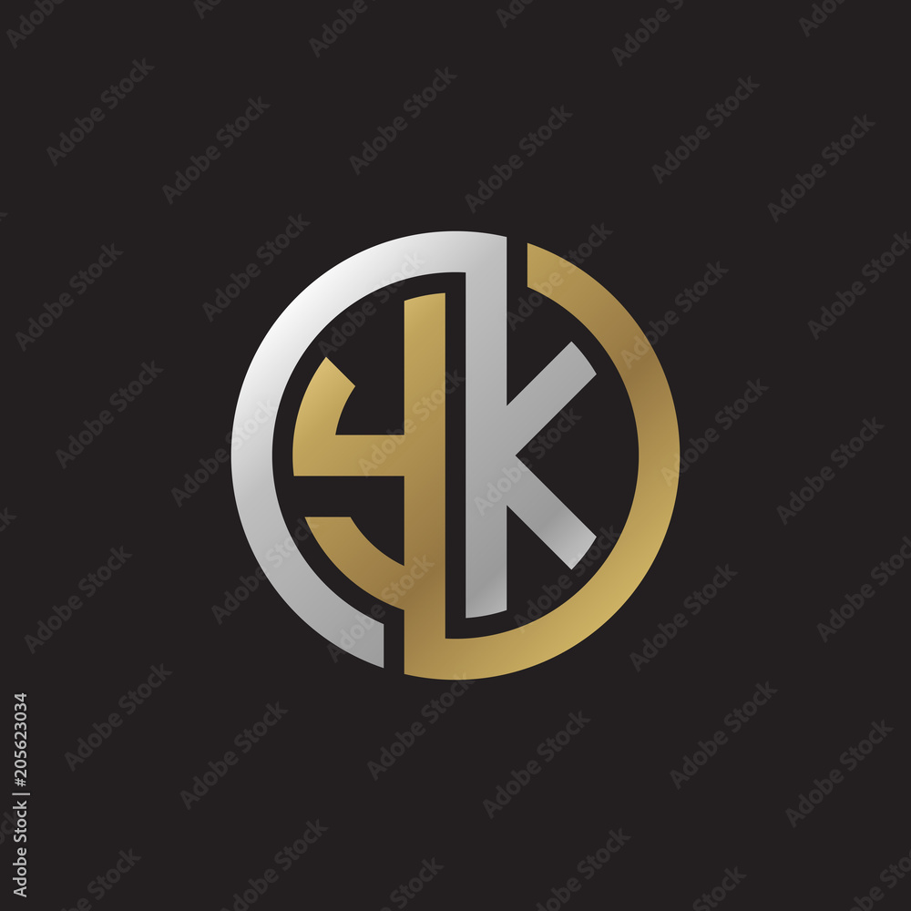 Initial letter YK, looping line, circle shape logo, silver gold color ...