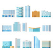 Modern city buildings, isolated vector flat cartoon set. Tower and office, city architecture, house business apartment