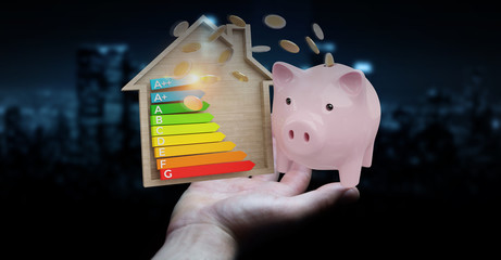Wall Mural - businessman saving money with good energy chart rating 3d rendering