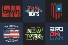 Set Of Six Vector Styled New York And Brooklyn T-shirt And Appar