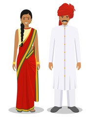 Wall Mural - Set of standing together indian man and woman in the traditional clothing isolated on white background in flat style. Differences people in the east dress. Vector illustration.