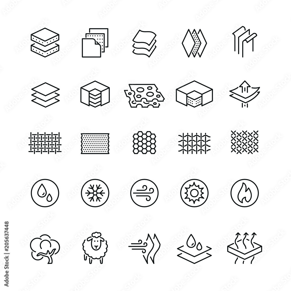 Fabrics and layered material related icons: thin vector icon set, black and white kit - obrazy, fototapety, plakaty 