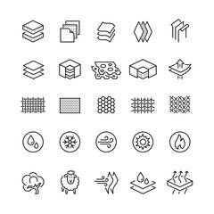 fabrics and layered material related icons: thin vector icon set, black and white kit