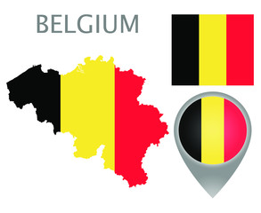 Canvas Print - Colorful flag, map pointer and map of Belgium in the colors of the Belgian flag. High detail. Vector illustration