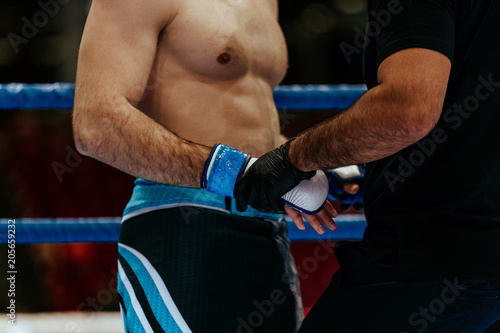 Fotografie, Tablou  referee in ring control gloves of MMA fighter before fight