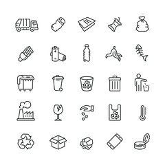 Garbage related icons: thin vector icon set, black and white kit