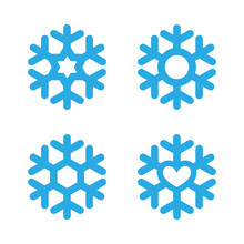Snowflakes Signs Set. Blue Snowflake Icons Isolated On White Background. Snow Flake Silhouettes. Symbol Of Snow, Holiday, Cold Weather, Frost. Winter Design Element. Vector Illustration