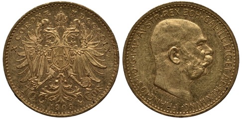 Austria Austrian 10 ten corona 1909, imperial eagle with two heads, shield surrounded by collar of the order on breast, Emperor Franz Joseph head right, gold,