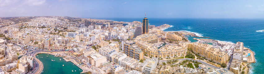 Wall Mural - Beautiful aerial view of the Spinola Bay, St. Julians and Sliema town on Malta. 