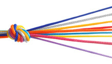 Colorful Ropes Tied Together On White Background. Unity Concept