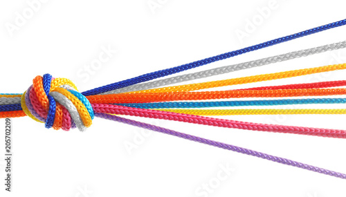 Fotografía Colorful ropes tied together on white background. Unity concept
