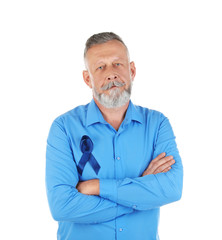 Sticker - Mature man with blue ribbon on white background. Urological cancer awareness