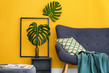 Elegant Living Room Interior With Comfortable Sofa. Home Design In Rainbow Colors