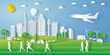 © ImagineDesign - peoples exercise landscape in the city with sunset on summer, fresh air in the park as nature, healthy, paper art and craft style concept. vector illustration.