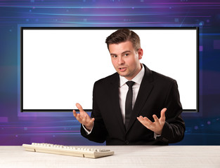 Wall Mural - Television program host with big copy screen in his back concept