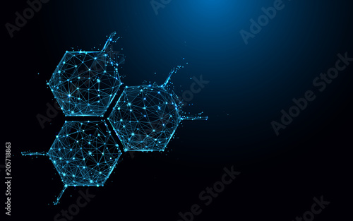 Cuadros en Lienzo Molecule structure icon form lines and triangles, point connecting network on blue background