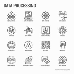 Wall Mural - data processing thin line icons set: data science, filtering, deep learning, mobile syncing, big dat