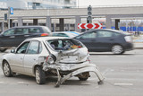 Fototapeta Miasto - car accident on street, damaged automobiles after collision in city
