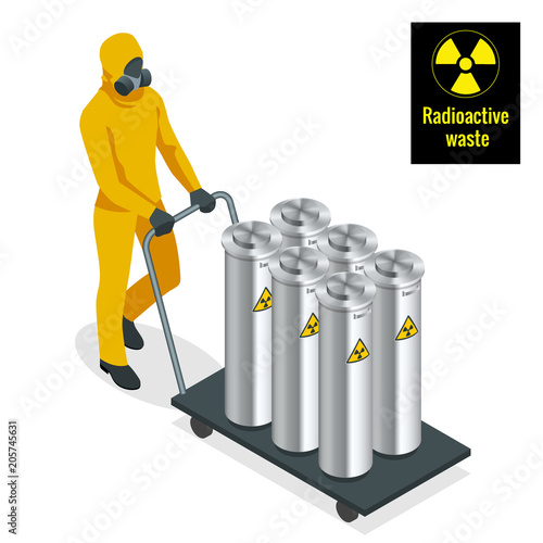 Fotografía Worker in protective uniform, mask, gloves and boots working with barrels of chemicals on forklift