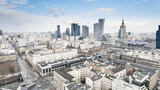 Fototapeta Londyn - WARSAW, POLAND - JANUARY 5, 2018. Aerial drone view from above of city center skyline