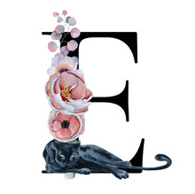  Floral Watercolor Alphabet. Monogram Initial Letter E Design With Hand Drawn Peony And Anemone Flower  And Black Panther