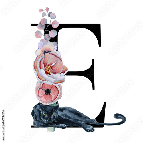 Floral Watercolor Alphabet Monogram Initial Letter E Design With Hand Drawn Peony And Anemone Flower And Black Panther Stock Illustration Adobe Stock