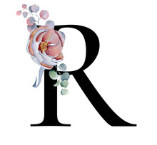  Floral Watercolor Alphabet. Monogram Initial Letter R Design With Hand Drawn Peony And Anemone Flower  And Black Panther 