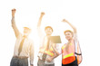 © thbangkok - Group of male and female engineers celebration success happiness with raised hands at construction site. Teamwork and success concepts. Isolated on white background