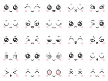 Cute Doodle Emoticons With Facial Expressions. Japanese Anime Style Emotion Faces And Kawaii Emoji Icons Vector Set