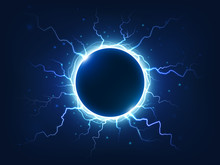 Spectacular Thunder And Lightning Surround Blue Electric Ball. Power Energy Sphere Surrounded Electrical Lightnings Vector Background
