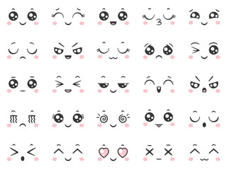 cute doodle emoticons with facial expressions. japanese anime style emotion faces and kawaii emoji i