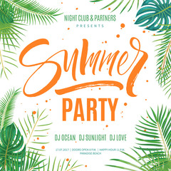 Summer party poster template. Hand written lettering with exotic palm leaves and plants background. Brush painted letters, modern calligraphy, vector illustration