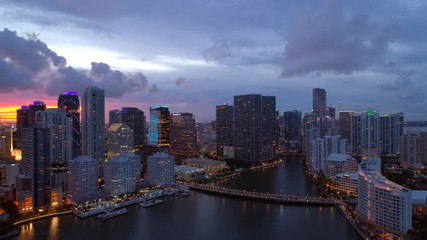 Wall Mural - Aerial drone footage Brickell Florida city lights bayfront