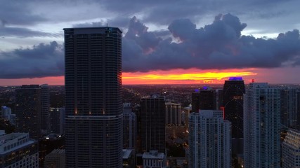 Wall Mural - Aerial drone footage Miami night Brickell sunset reveal