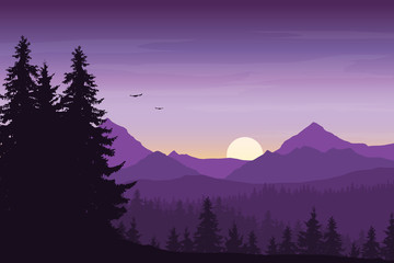 Wall Mural - mountain landscape with forest under a purple morning sky with rising sun, birds and clouds