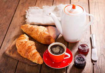 Wall Mural - breakfast with croissants, coffee and jam