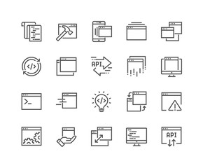Wall Mural - simple set of application related vector line icons. contains such icons as build, api, terminal, co