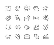 Simple Set Of Sleep Related Vector Line Icons. Contains Such Icons As Insomnia, Pillow, Sleeping Pills And More. Editable Stroke. 48x48 Pixel Perfect.