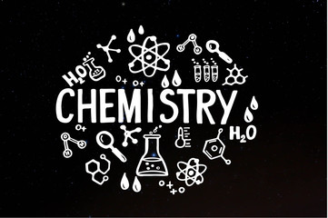 Chemistry illustration hand drawn creative science background made with word CHEMISTRY and chemical icons on dark background