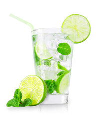 Wall Mural - glass of cold lemonade with straw isolated on white