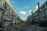 Fototapeta Uliczki - Apocalyptic concept, abandoned city background, ruined buildings, decay constructions after disaster or war