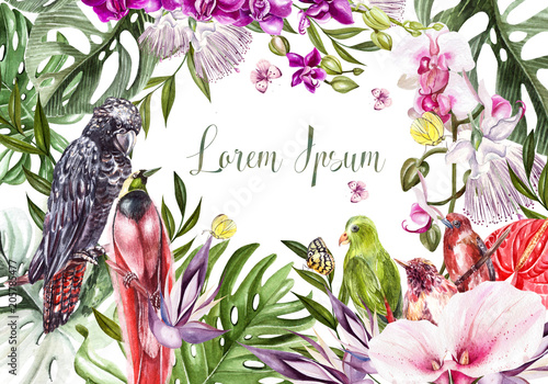 Beautiful bright colorful watercolor card with tropical leaves and flowers, b...