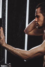 Close Up Cropped Photo Of Blind Man Having A Shower In The Showering Cubicle
