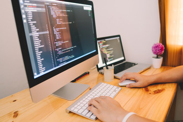 Wall Mural - close up hand of developing programming and coding technologies. programmer hand typing on keyboard.