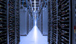 Abstract, blurry, bokeh background, image for the background. Shot from the corridor in a data center with full servers and supercomputers.